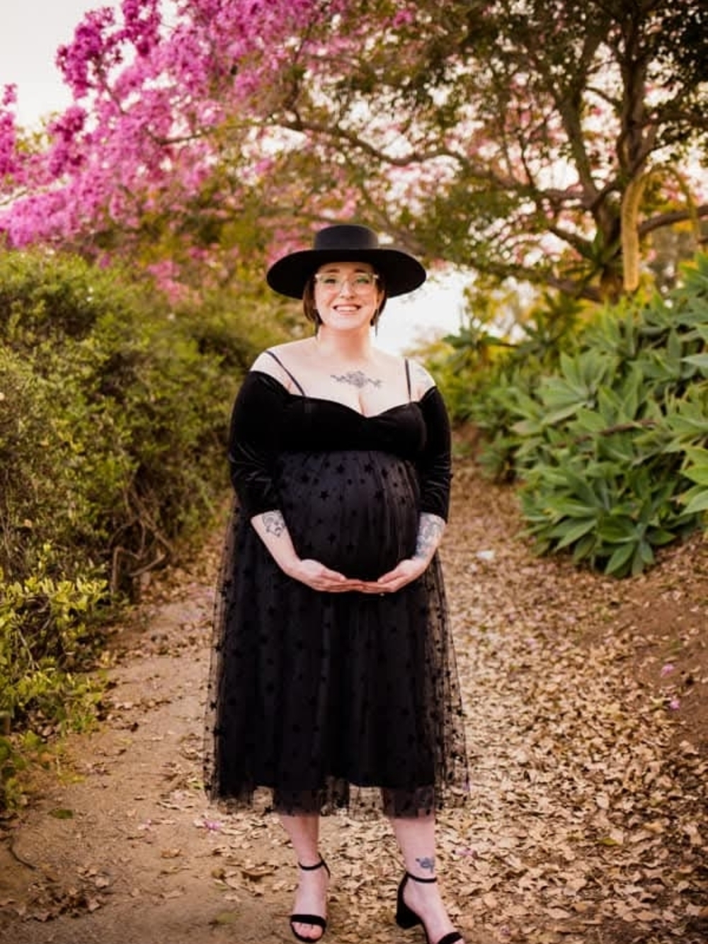 Black Maternity Off The Shoulder Dress With Stars On Tulle